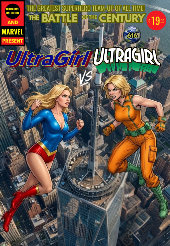 Homage comic cover: UltraGirl and Marvel's Ultragirl facing each other in flight above Manhattan