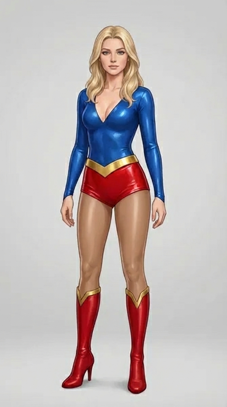 UltraGirl in her canonical costume: blue leotard, gold belt, red shorts and boots
