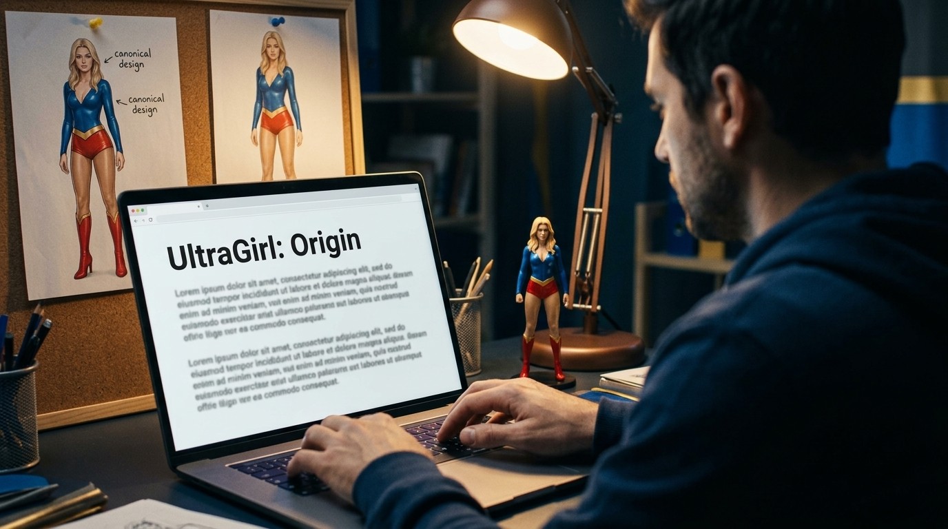 Over-the-shoulder view of someone typing at a laptop, the screen reading UltraGirl: Origin