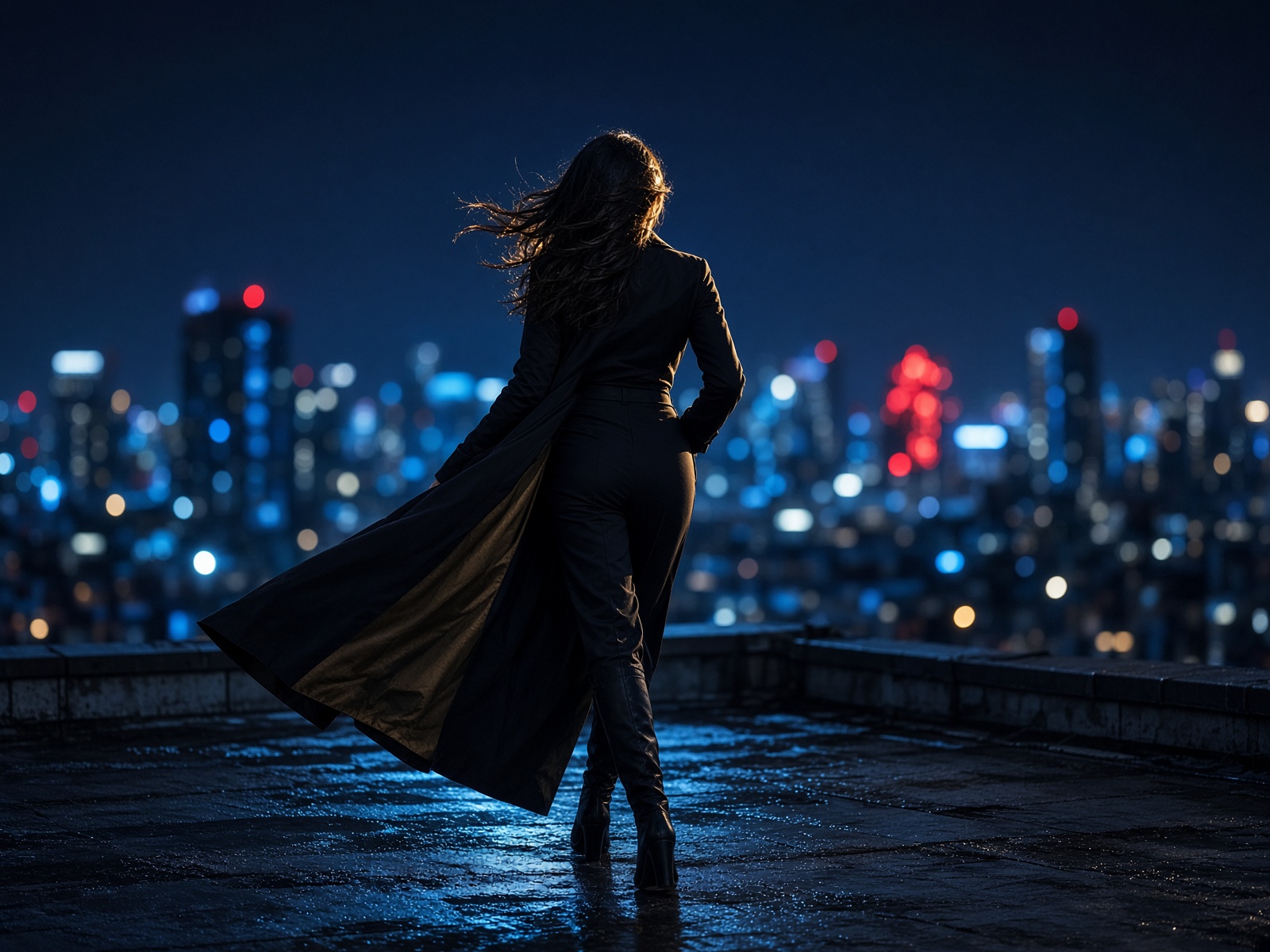 UltraGirl on a city rooftop at night