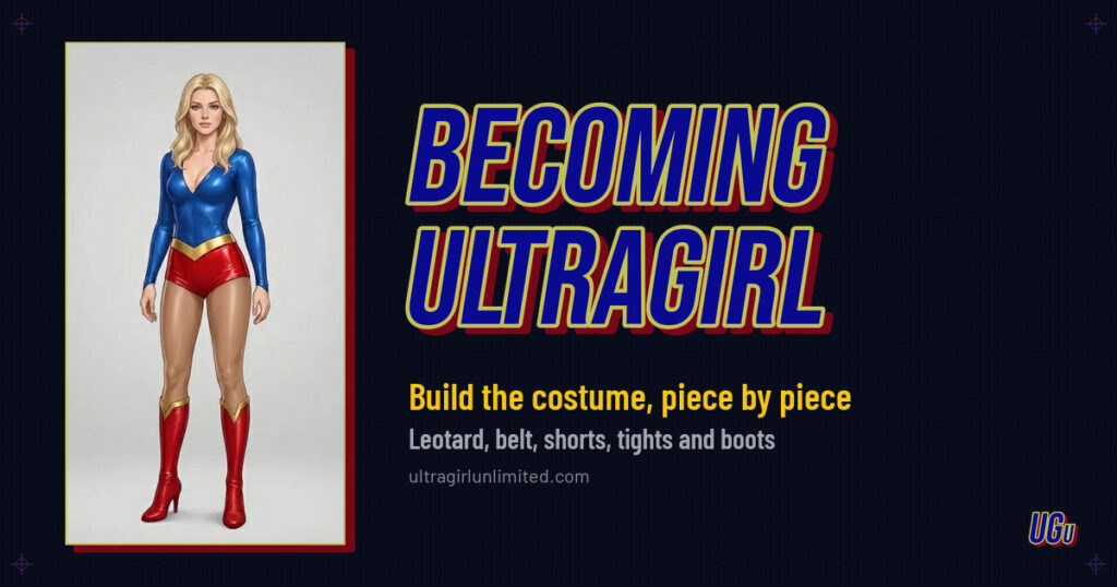 Becoming UltraGirl: the full costume beside the two-plate wordmark, with the line Build the costume, piece by piece