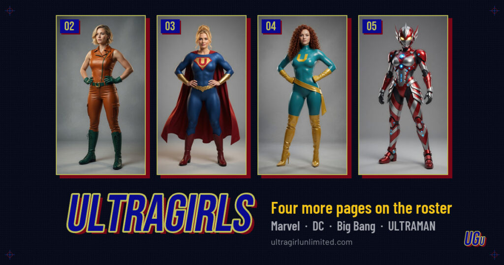 The four UltraGirls of Marvel, DC, Big Bang Comics and ULTRAMAN, side by side