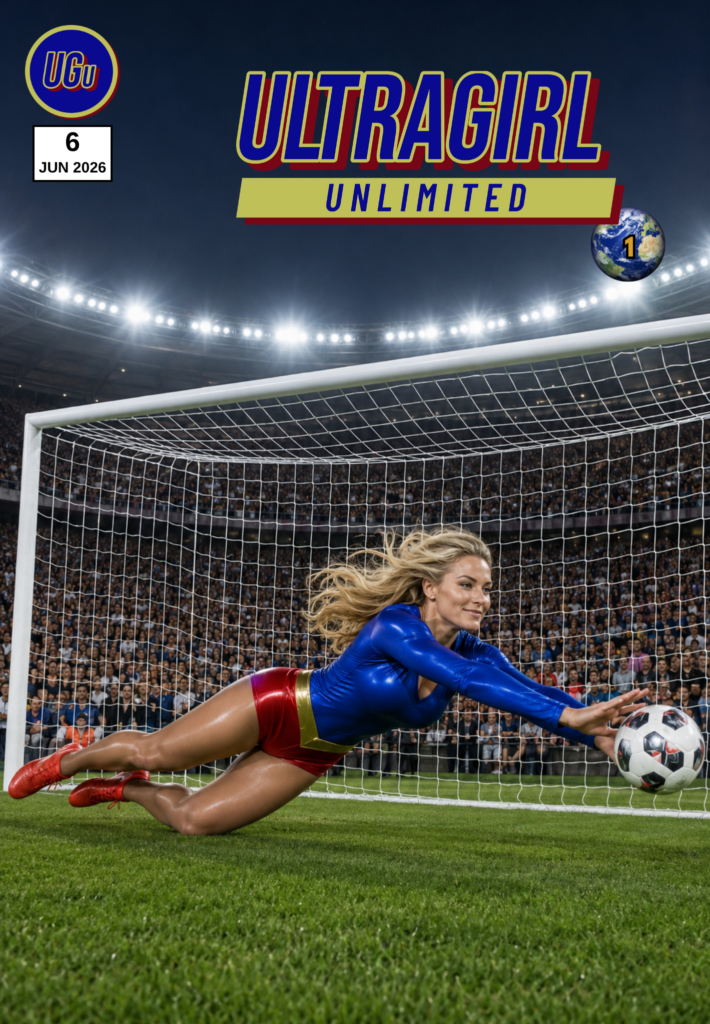 UltraGirl Unlimited issue 6 cover, diving save on the pitch, June 2026