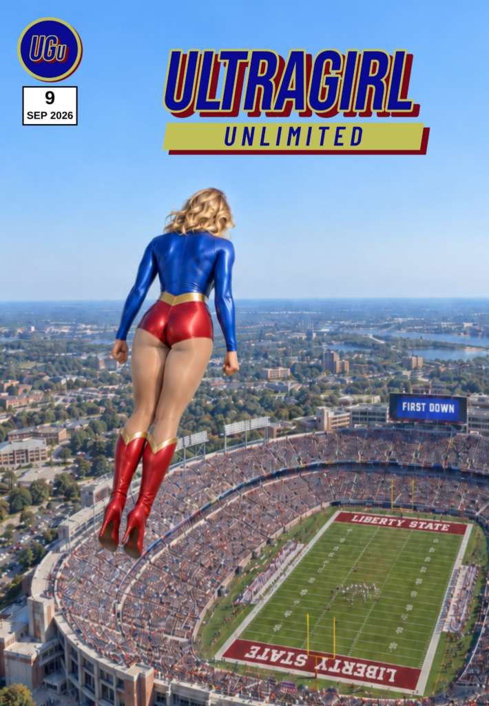 UltraGirl Unlimited issue 9 cover, flying over Liberty State stadium, September 2026
