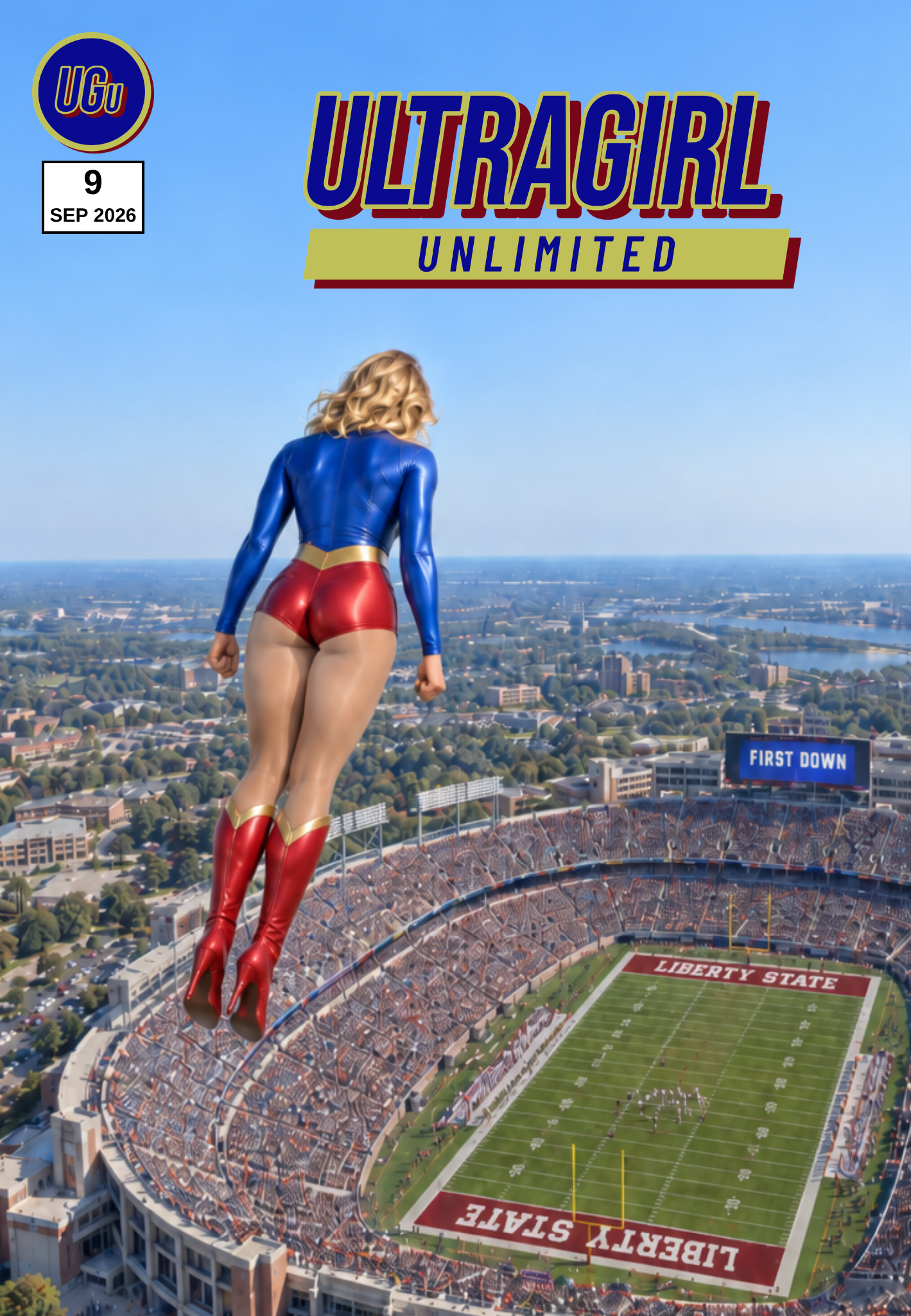 UltraGirl Unlimited issue 9 cover, flying over Liberty State stadium, September 2026