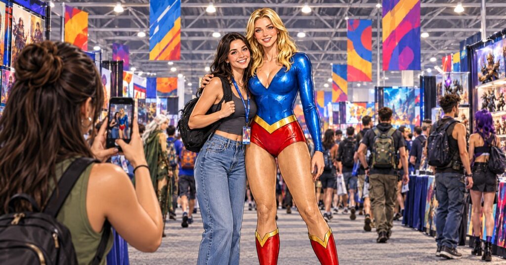 UltraGirl in her blue, red and gold costume posing with a smiling fan on a busy comic convention exhibit floor while another fan takes their picture with a smartphone, painted in a comic-cover style